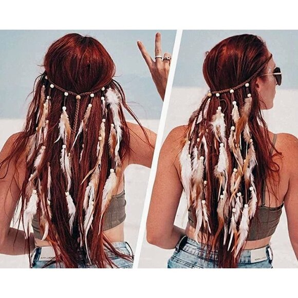 🆕 Bohemian Feather Hippie Hairband Indian Gypsy Headband White Brown Tassel NWT